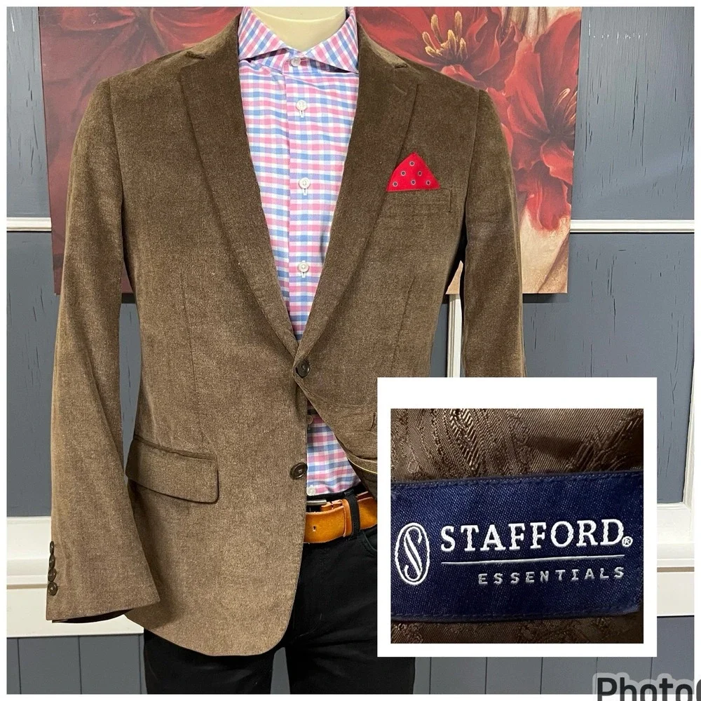 Stafford‎ Corduroy Blazer Jacket Sport Coat Mens 40R Slim Fit Brown Cotton
